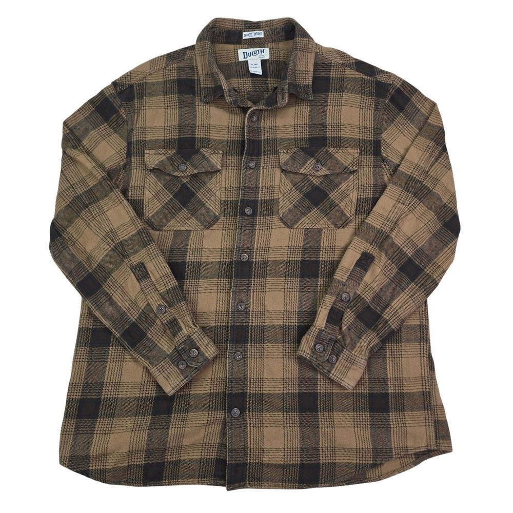 Duluth Untucked Flannel Shirt Mens XL Tall Brown Plaid Cotton Heavy Workwear